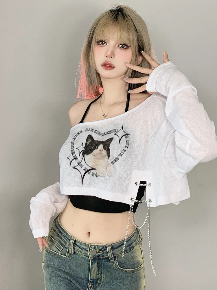 IAMHOTTY Cute Cat Print Knitted Cropped Top and Cami 2 Piece Set Women Korean Style Graphic Tee Kawaii Long Sleeve Tops White