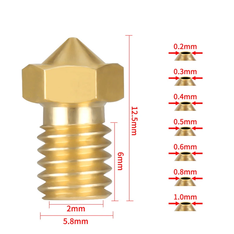 5/10pcs 3D Printer V6 M6 Threaded Brass Nozzle 0.2/0.3/0.4/0.5/0.6/0.8/1.0mm For 1.75 Filament E3D V5 V6 Hotend Extruder