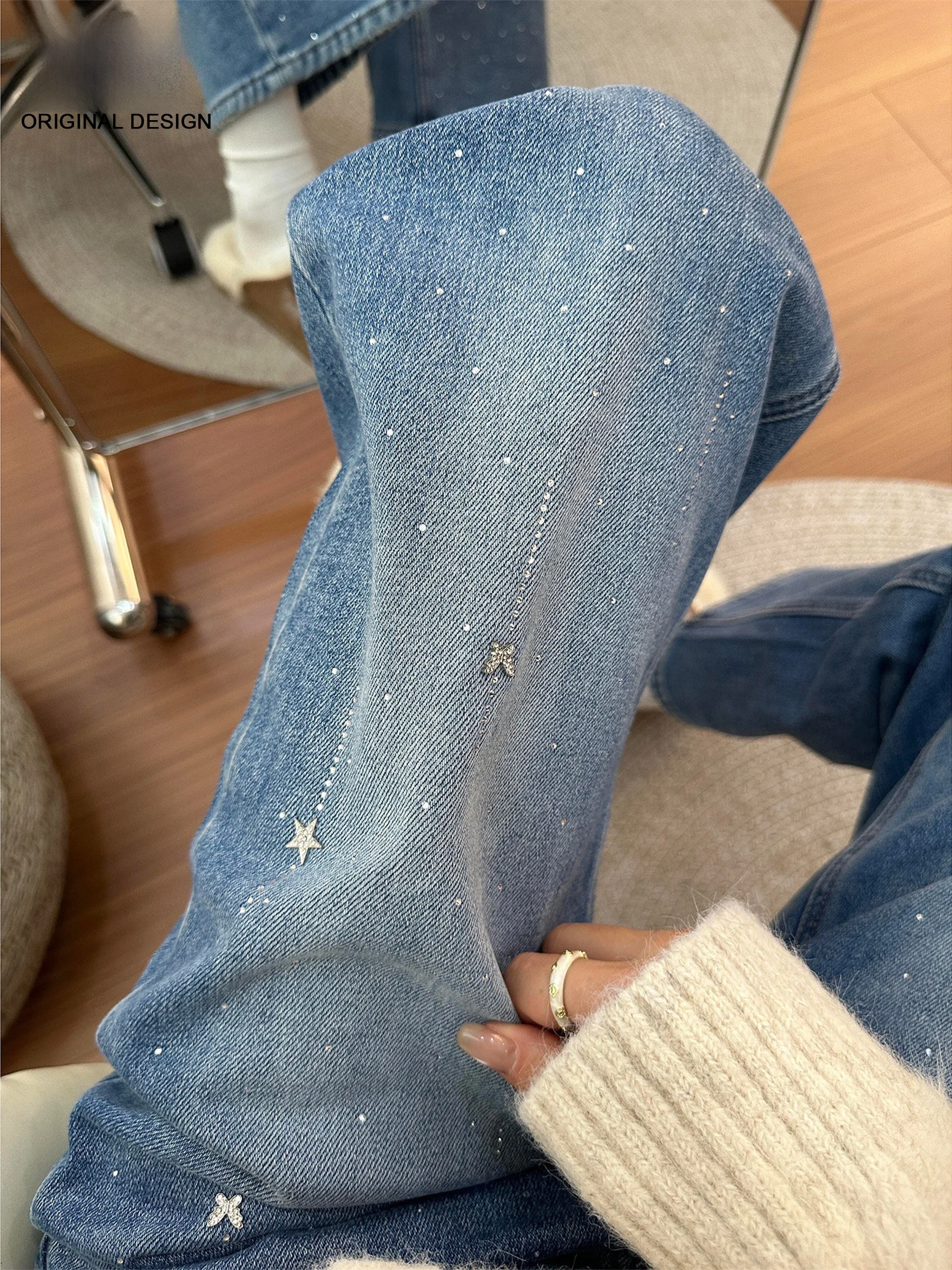 

Синие джинсы с высокой талией и широкими штанинами, женские, летние, свободные, в пол, прямого кроя, с декором из страз и винтажными звездами