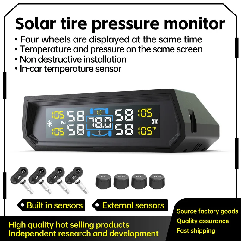 

Tpms Tire Pressure Monitoring System Car Safety Alarm System with Color Digital Display Wireless Solar/type-C Powered