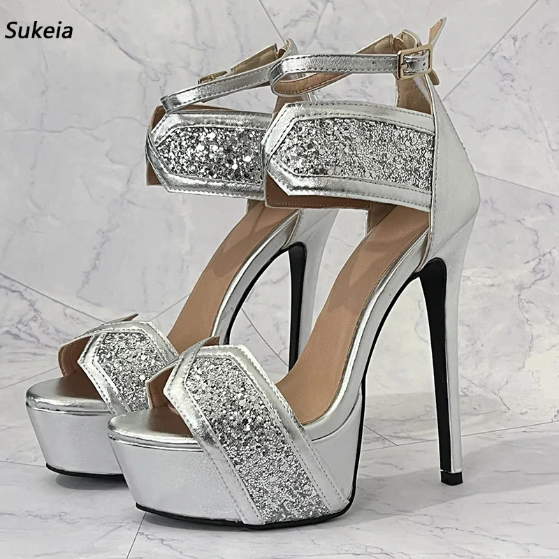 Sukeia New Women Summer Ankle Wrap Sandals Glitter Open Toe Thin High Heels Pretty Silver Party Shoes Ladies US Size 5-20