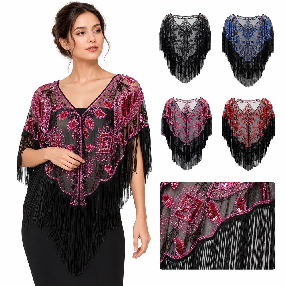 New Mesh Wrap Sequined Shawl Sheer See Through With Tassel Flapper Shawl Cloak Tulle Shawl Fringe Shawl Wedding Accessories
