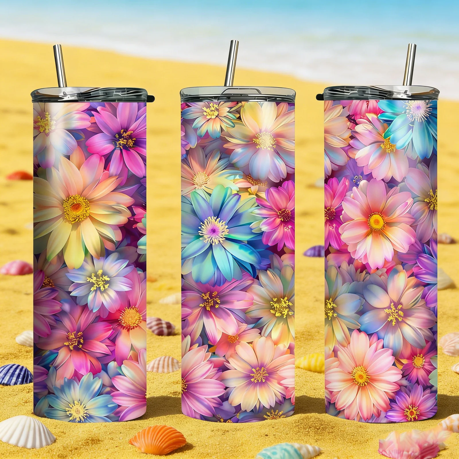 1pc Mikenda 20oz Stainless Steel Vacuum Insulated Tumbler with Lid and Straw, Colorful Floral All Over Pattern, Double Wall Thermal Mug, Hot 6H/ Cold 12H, Artistic Drinkware, Beautiful Gift Idea, Valentine's Day Gift.