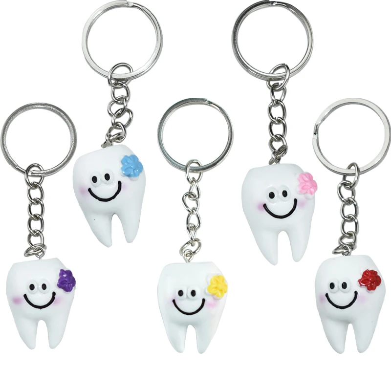 10 Pcs Keychain Cute Flower White Teeth Pendant Bag Key Chain Ring for Dentist Nurse Gift