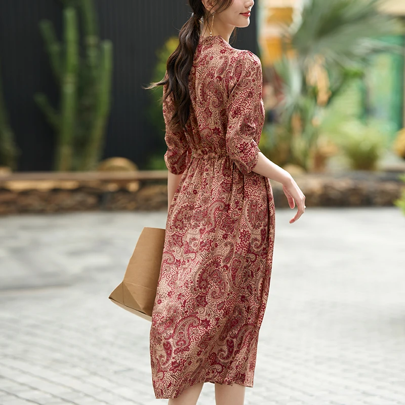 New 100% Real Silk Women's Long Dress 2026 Summer Elegant V-neck Three Quarter Sleeve Women Vintage Print Dresses A-line
