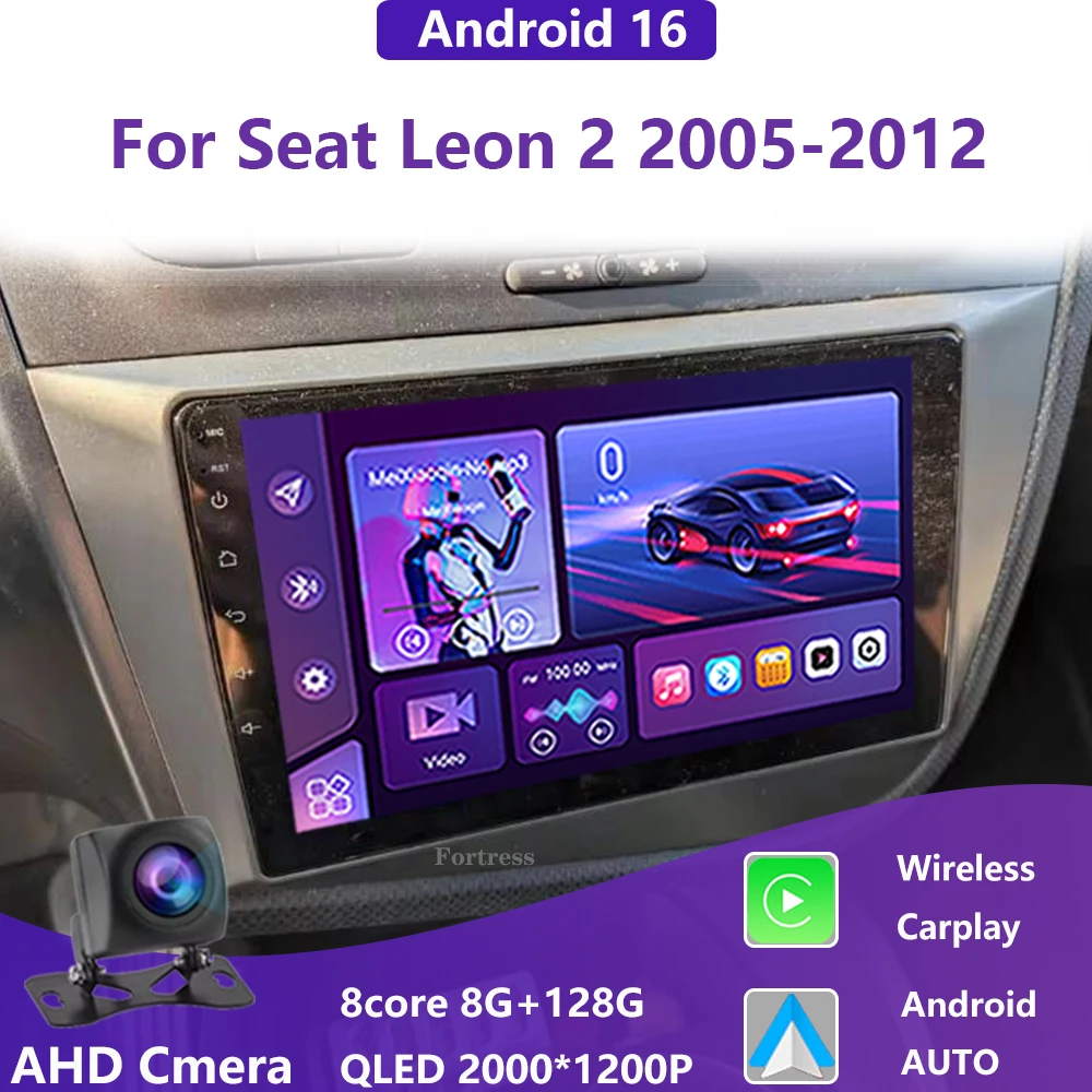 Reproductor Multimedia de navegación Android 16 para Seat Leon 2 MK2 LHD 2005 - 2012 Carplay Auto estéreo wifi + vídeo 4G radio de coche voz Ai
