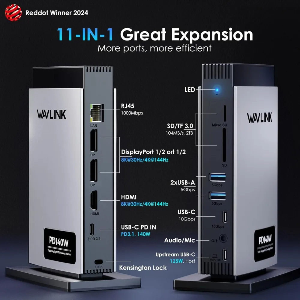 

Laptop Docking Station 3 Monitors, 11 in 1 USB C Docking Station with PD3.1 140W Charging