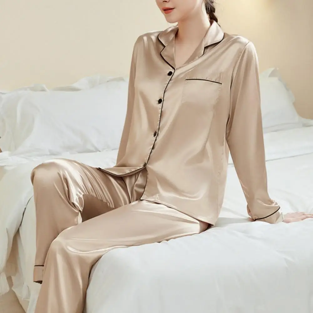 

Elasticated Waist Pajamas Elegant Satin Pajamas Set with Single-breasted Cardigan Shirt Wide Leg Trousers V Neck Notch for Women