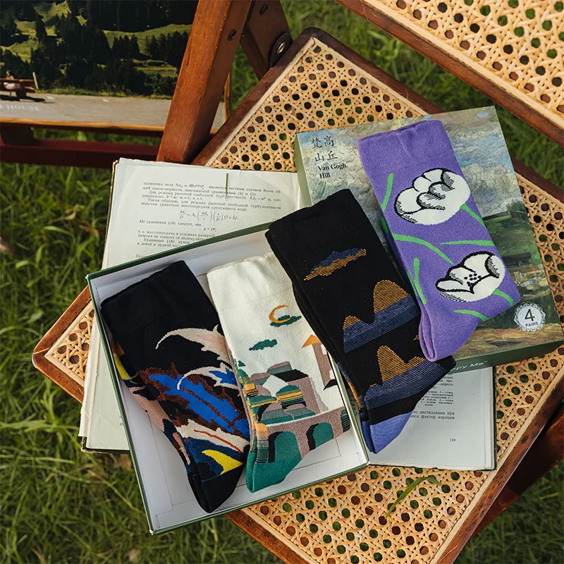 1Pack/4 Pair Socks for Woman Man Autumn Socks New Art Van Gogh Mural World Famous Oil Painting Series Artistic Couple Socks