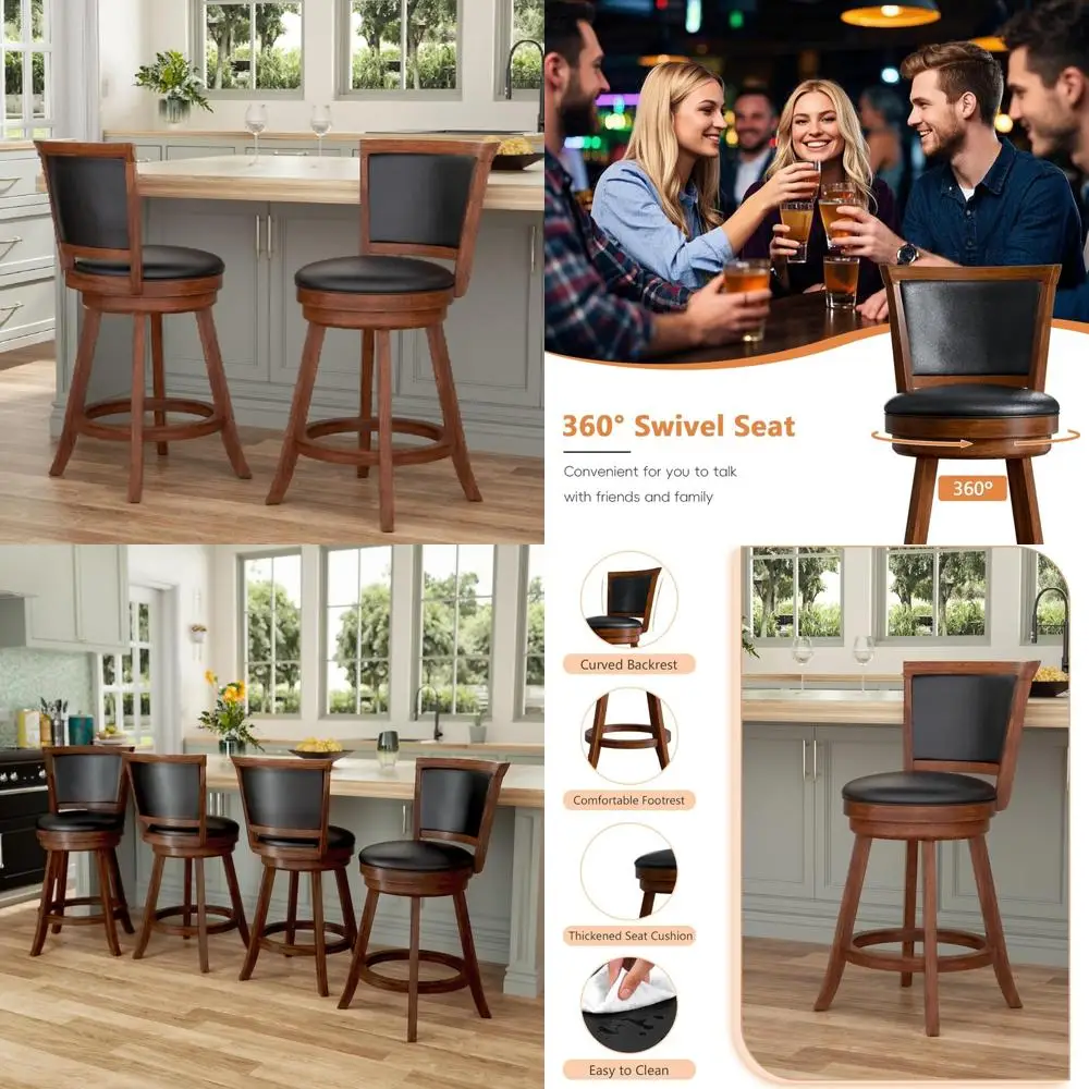 Set of 2 24 High Swivel Bar Stools with Backrest and Faux Leather Seats for Kitchen Island