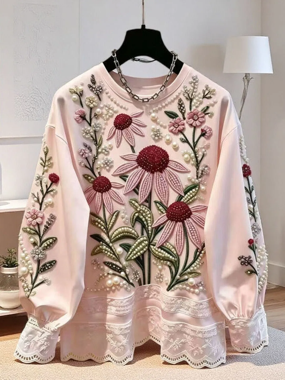 Fashionable Splice Beads Floral Women's Top Luxury Glue Drill Summer New Arrival Korean Style round Neck Long Sleeve T-shirt