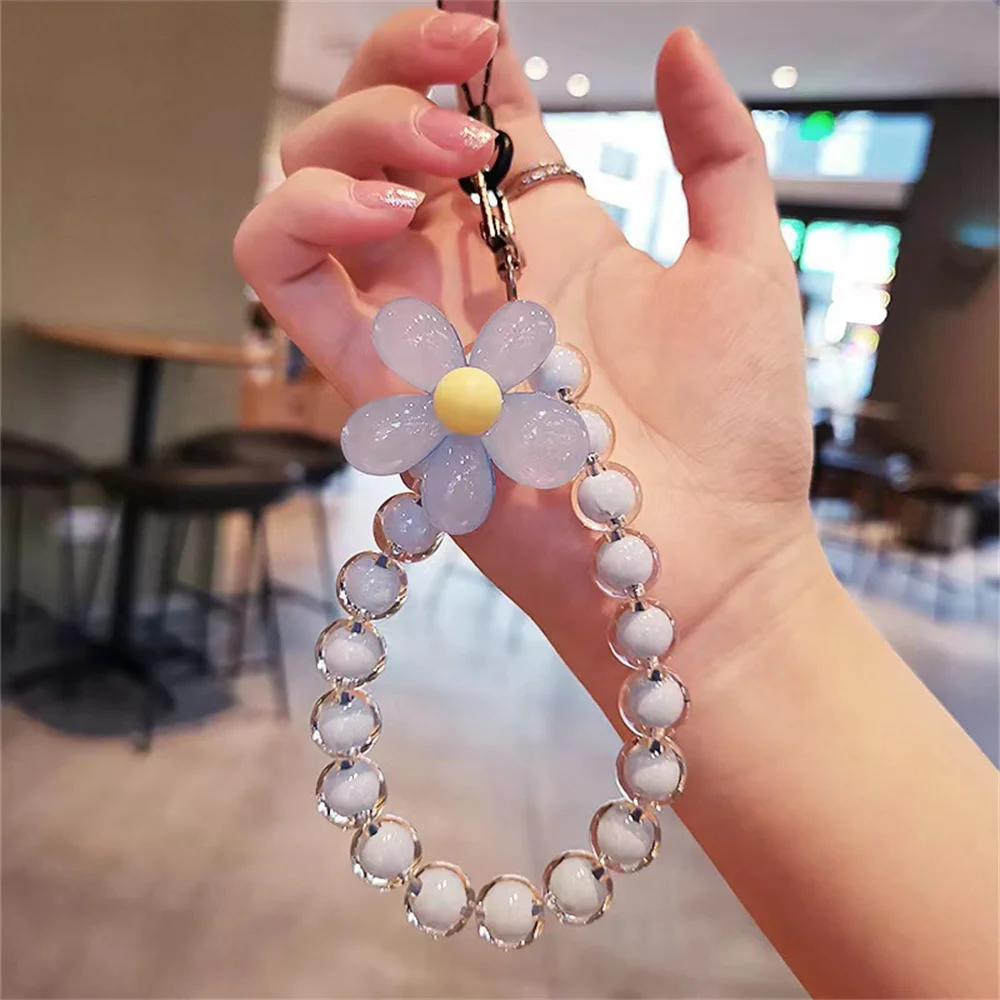 Colorful Round Mobile Phone Chain Lanyard Flowers Beads Sweet Cellphone Chains Keychain Women Anti-Lost Fashion Accessories