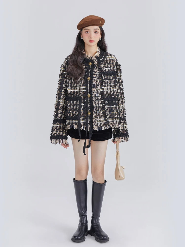 

Ранняя весна Bouclé из шерстяной ткани Fce на подкладке с кисточками, пуховое пальто с маленьким оленем Isao Fables Fraance Sle, женское джато