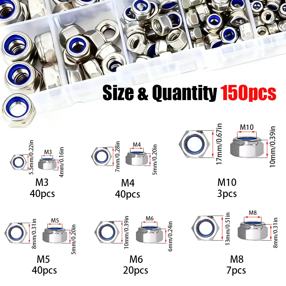 150 Pieces of Stainless Steel Nylon Anti-Slip Self-Locking Nuts M3-M10, Nylon Embedded Nuts, Hexagonal Screw Caps