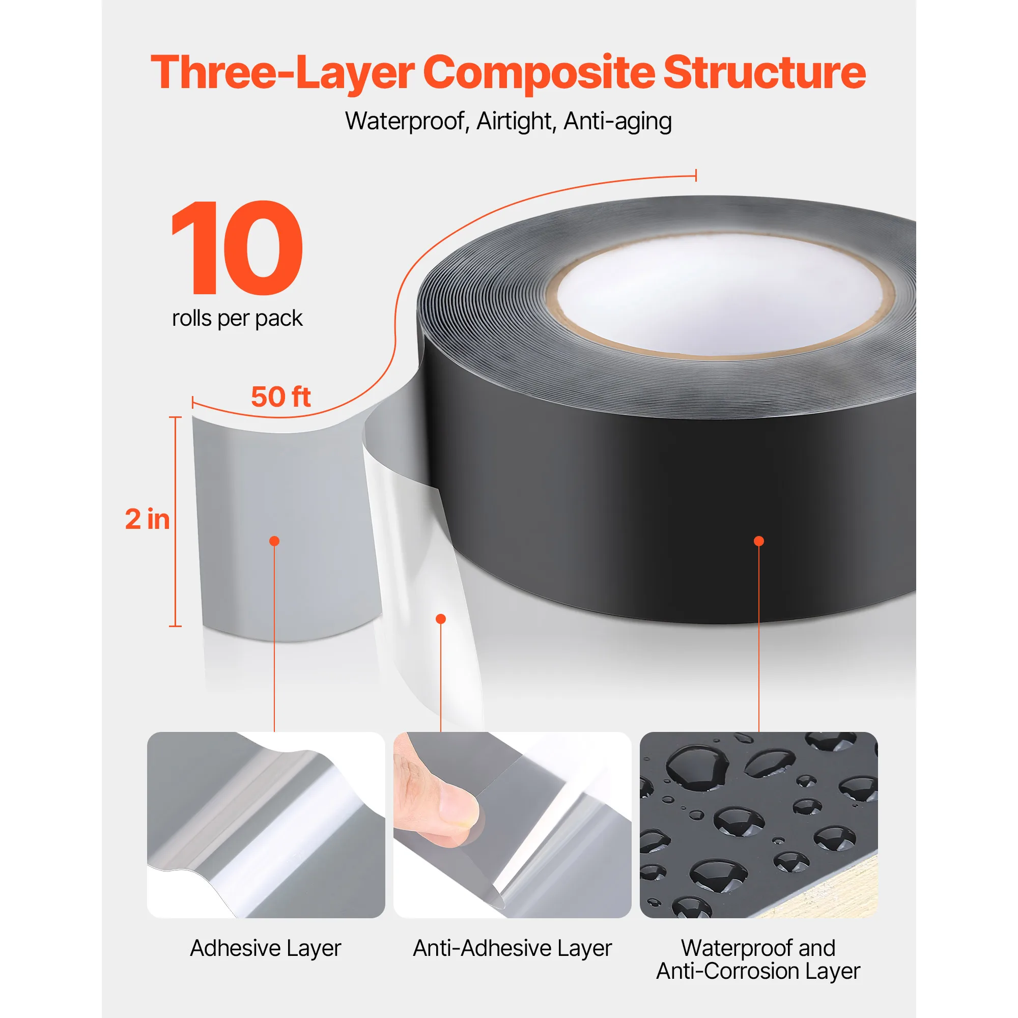 SucceBuy Deck Joist Tape 2inx50ft 10 Pack Butyl Joist Tape for Decking Self-Adhesive for Wood Decks House and Pipes Repair Black