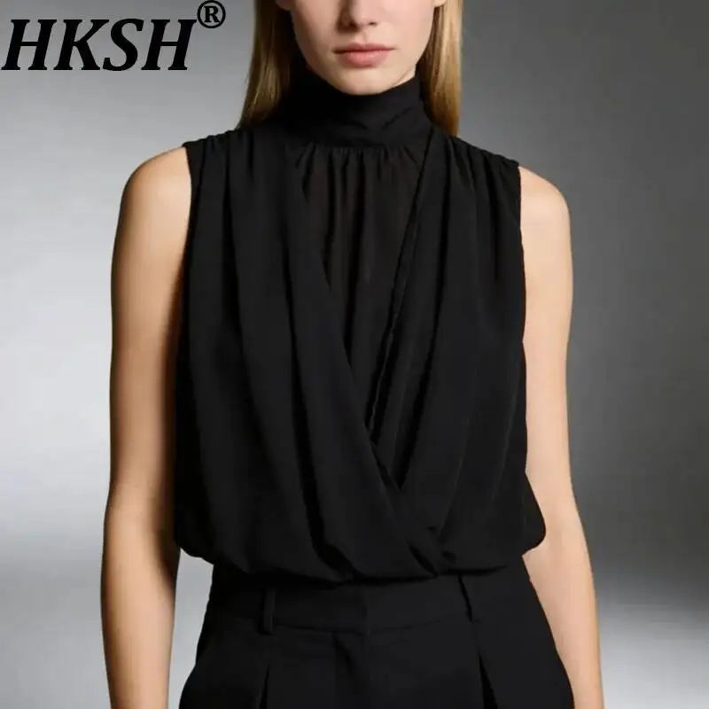 

HKSH Women Sexy Vest Stand Collar Sleeveless Pleated Mesh Solid Color Versatile Elegant High Street Chic Tank Top Summer HK22707