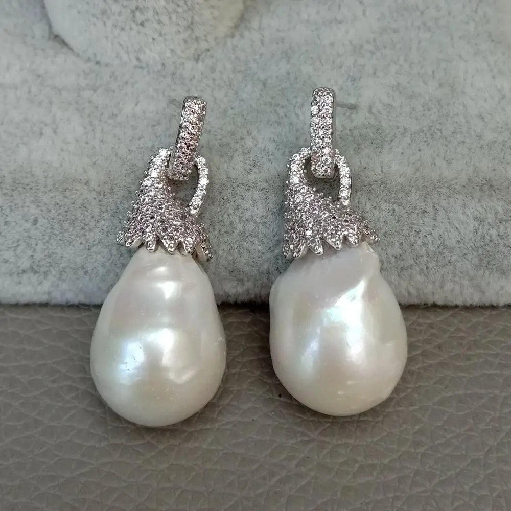 YYGEM 14x21MM Cultured White Keshi Pearl White cz pave silver color plated Stud Earrings