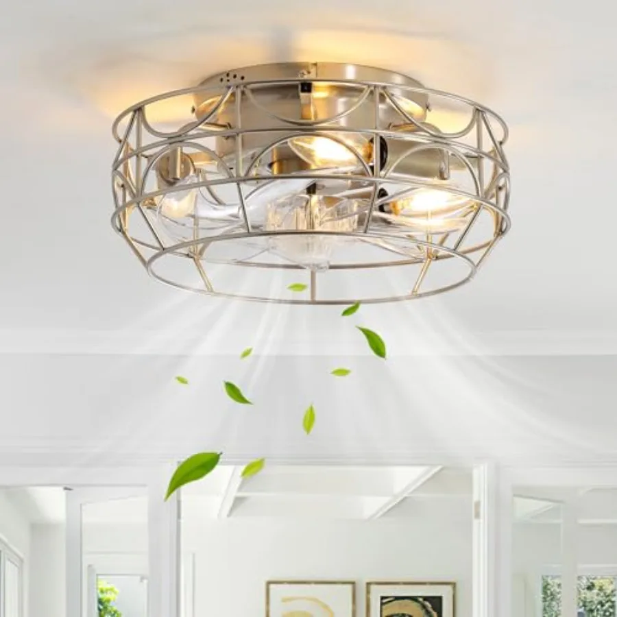 

Nickel Caged Ceiling Fans with Lights and Remote, 6 Speeds, 12 inch Industrial Flush Mount Ceiling Fan with Light, Modern Blade