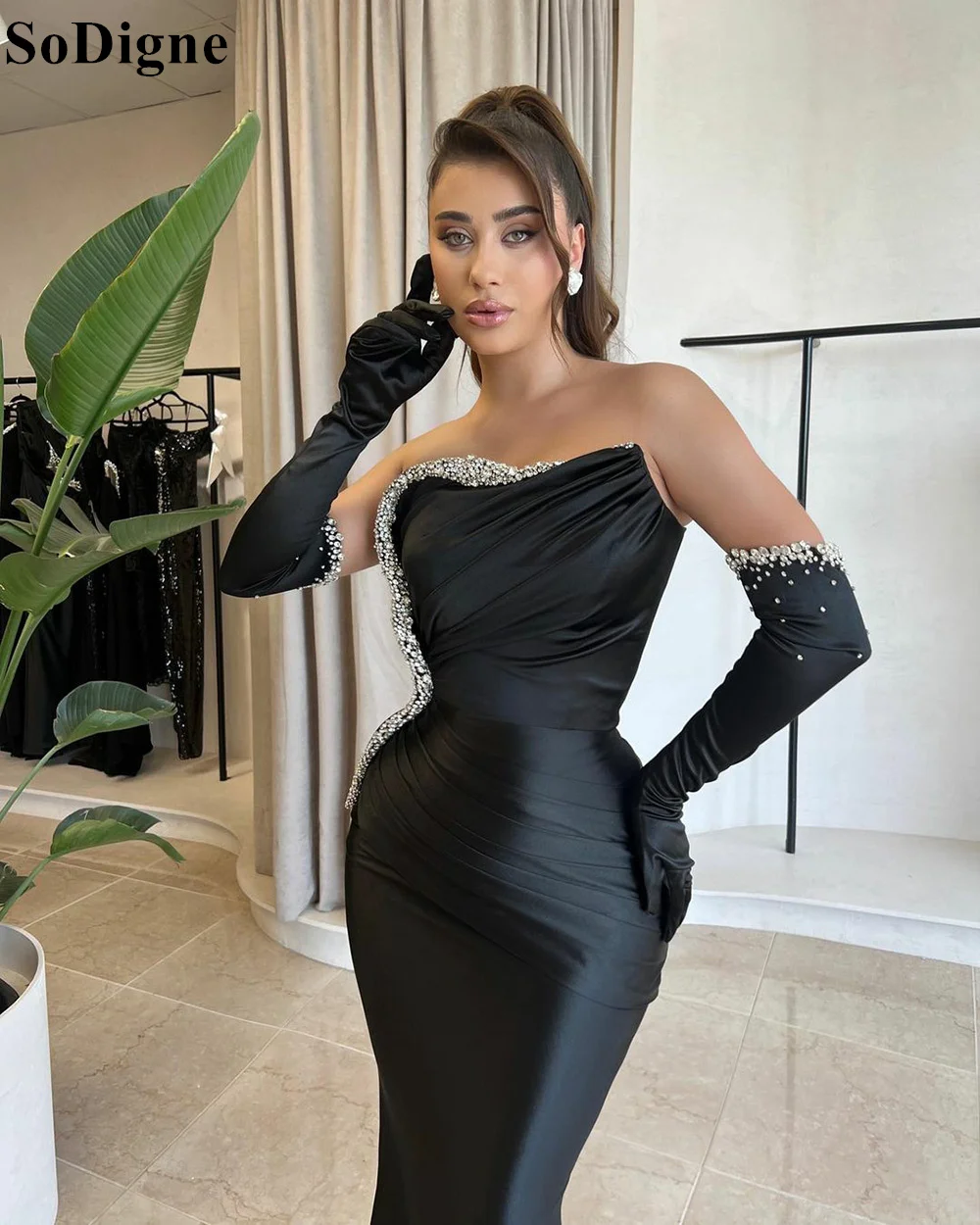 SoDigne Elegant Black Mermaid Satin Evening Dresses Beading Crystal Detachable Sleeves Ruched 2024 Formal Prom Gowns Party Dress