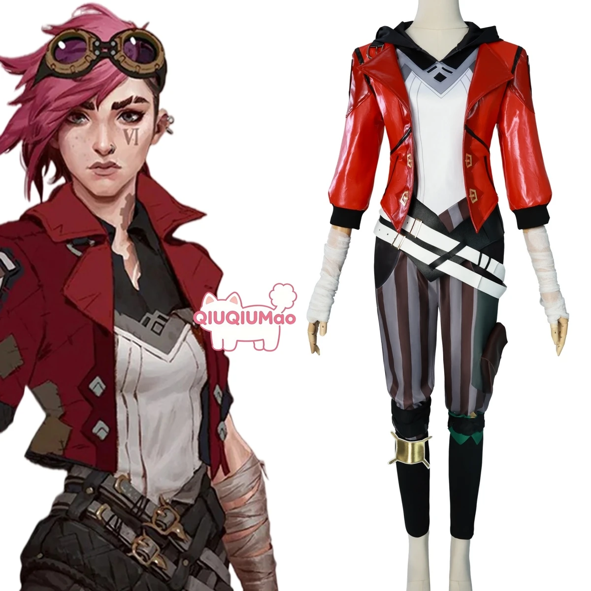 

Game League of Legends Cosplay Costume LOL Anime Vi Role Playing Outfit Red Leather Coat Shoes Set for Women Comic Con Party