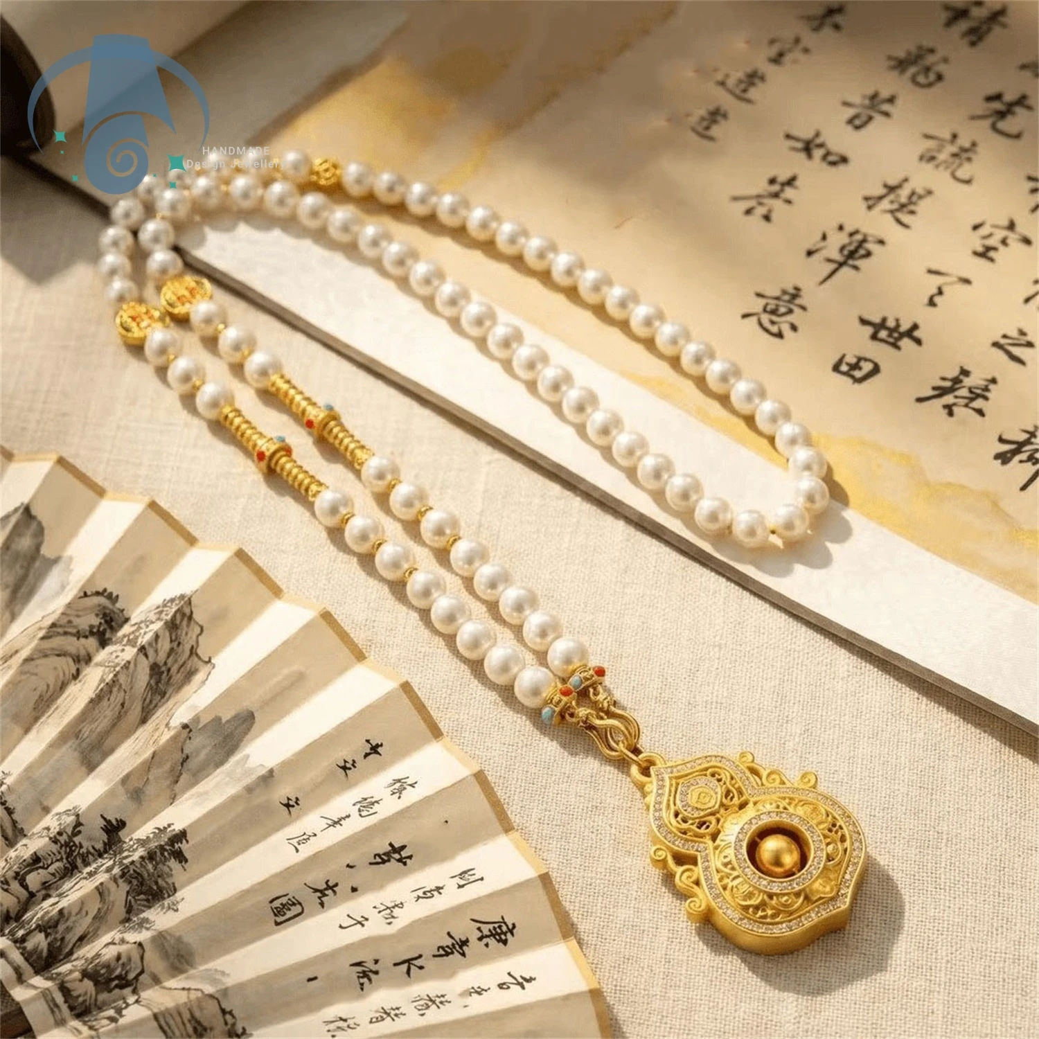 Versatile Elegant Chinese Style Faux Pearl Gourd Pendant Necklace Rotating Charm Long Sweater Chain for Women Daily Office Gifts