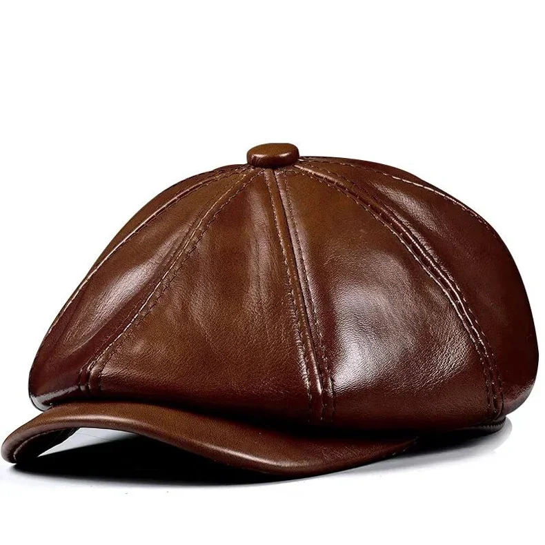 New 2024 Genuine Leather Hat Cap Cowhide Beret Warm Cotton Men Padding Brand Brown/Black Duck Hat