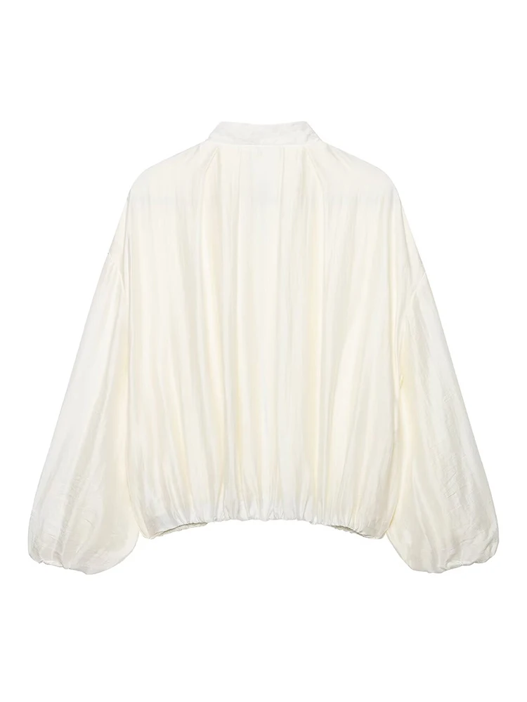 HH Women Spring Autumn Chic Off White Satin Bomber Jacket Stand Collar Zip Up Gathered Long Sleeve Elastic Hem For  Casual view 3