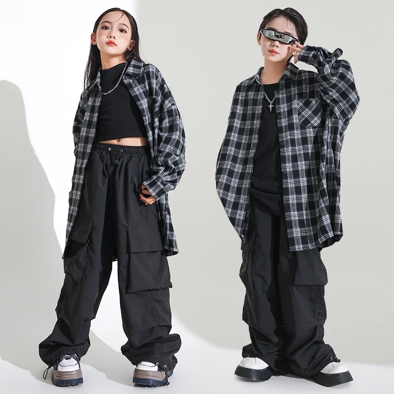 Hip Hop Clothing Girls Boys Oversize Plaid Shirt Street Dance Cagro Pants Children Streetwear Shirt Kids Jazz Costumes Clothes