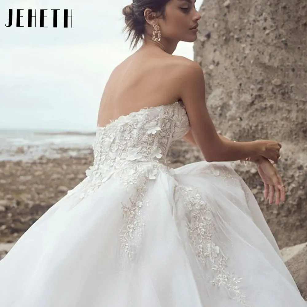 JEHETH-vestido de novia sin tirantes con apliques de tul, traje sin mangas, línea A, Espalda descubierta, botones traseros, para fiestasJEHETH-vestido de novia sin tirantes con apliques de tul, traje sin mangas, línea