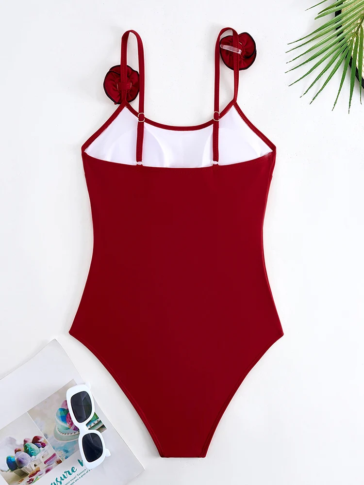 String One Piece Suit 3D Floral Swimsuits Woman Solid Color Swimwear Sexy Bathing Suit Mujer Ruffle Mesh Beach Dress Summer Wear