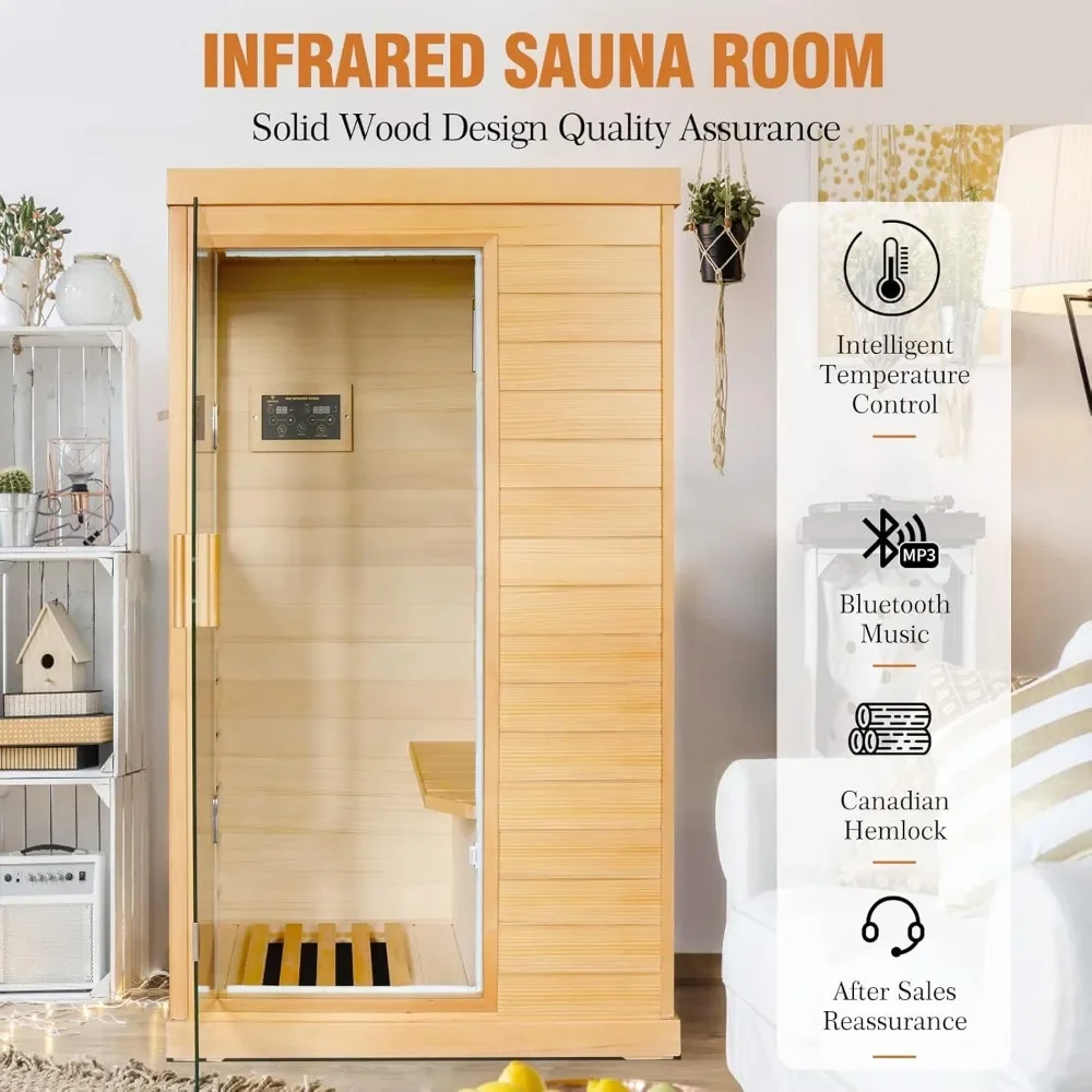 Far Infrared Sauna Home Sauna Spa Room Canadian Hemlock Wood 800W Indoor Saunas 110V with Control Panel and Tempered Glass Door