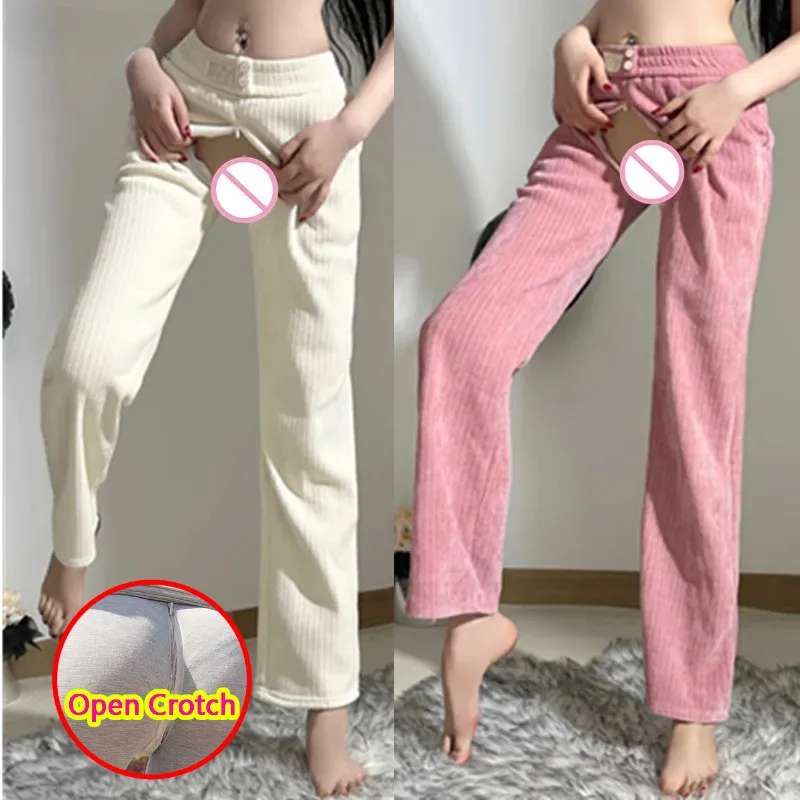 Woman Sexy Open Crotch Pants Warm Hidden Winter Zippers Public Take Off Couple Outdoor Sex Pants Crotchless Costume Panties