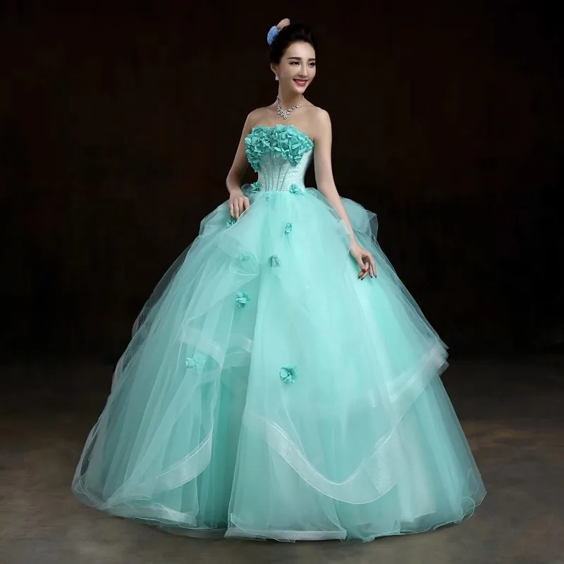 Charming Pearls Flowers Lace Strapless Quinceanera Dresses light Blue Layers Tulle Skirt Prom Party Gown robes 15 Years