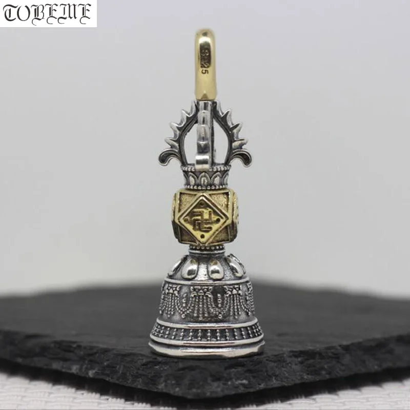 Real 925 Silver Tibetan Wanzi Symbol Bell Pendant  Steling Buddhist Vajra Bell Amulet Good Luck Pendant