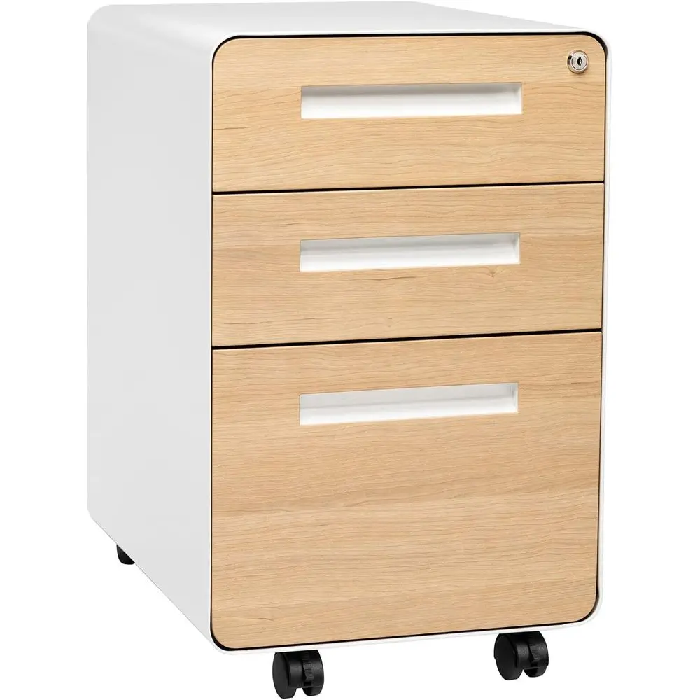 

Under Desk Metal Filing Cabinet with Lock, Legal/Letter Size, Wheels, Stationary Set, Pre-Assembled, White/Wood Finish