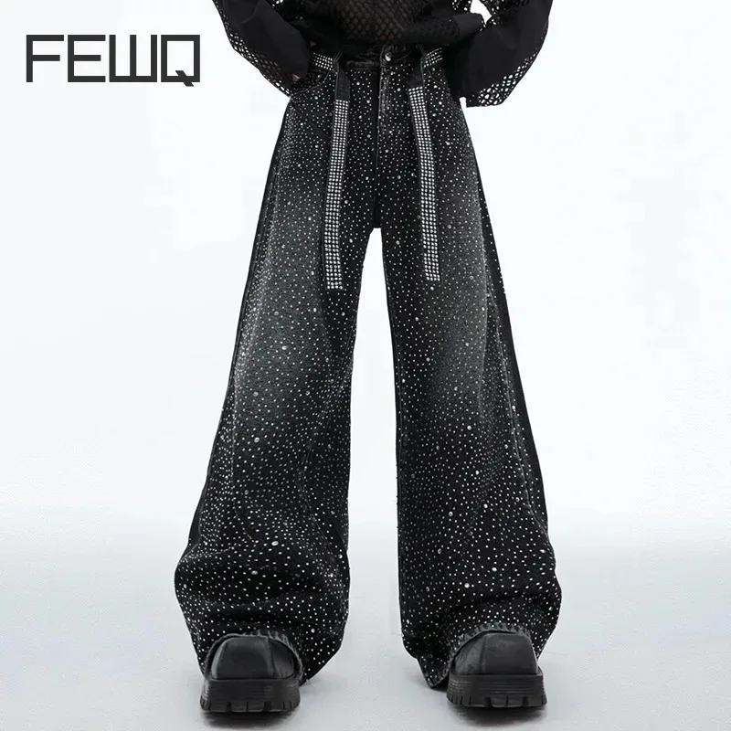 FEWQ New Starry Ribbon Jeans Niche Loose Wide Leg Pants 2024 Vintage Korea Fashion Male Trousers High Street 24E2100