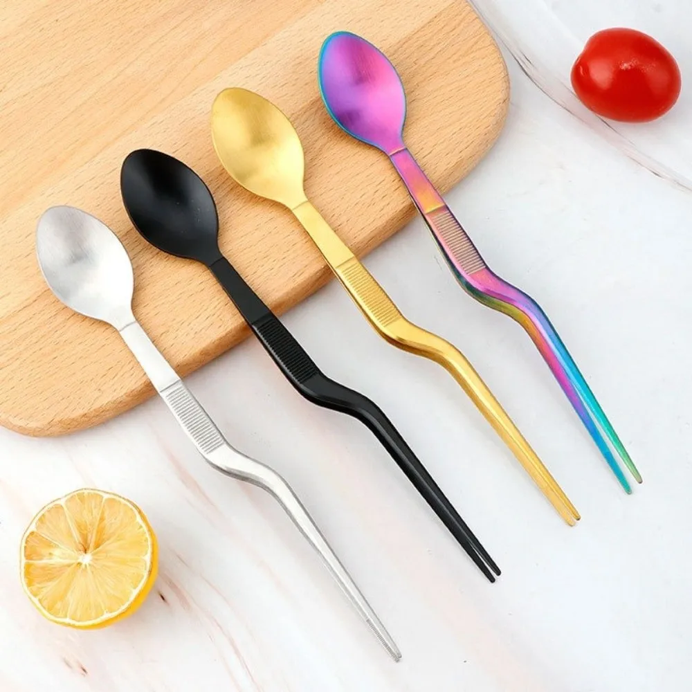 Multi-functional Sauce Spoon 2in1 Design Stainless Steel Food Tweezers Portable Flavor Test Spoon Tweezers Kitchen Utensil