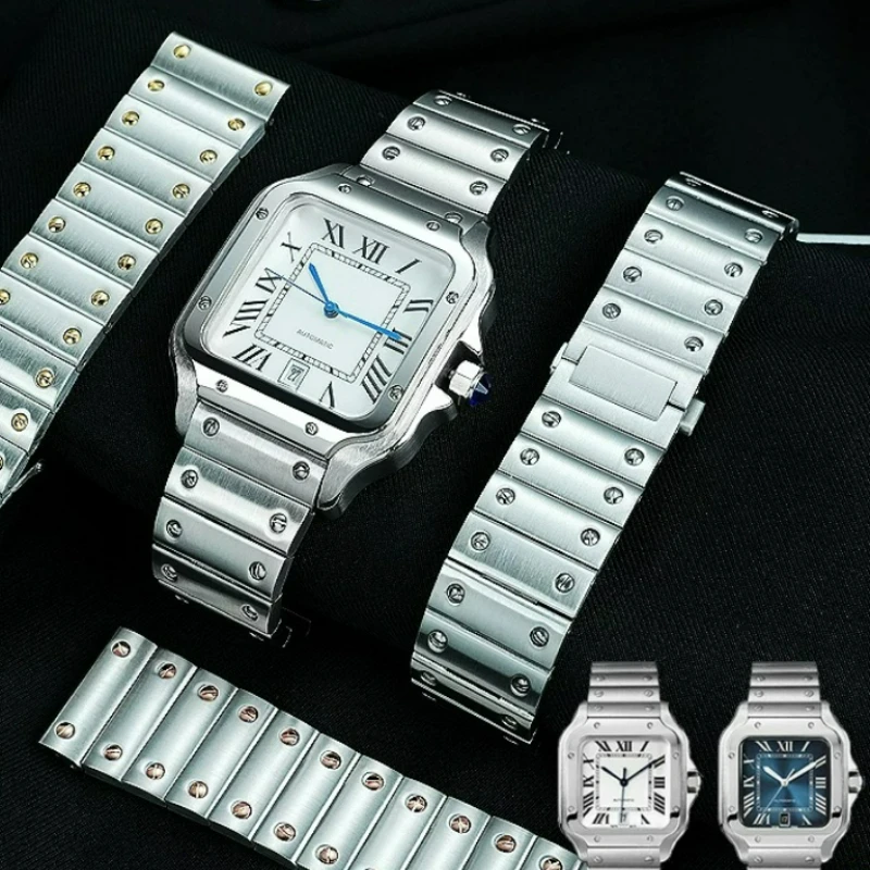For Cartier Santos Sandoz WSSA0009 WSSA0018 Steel Watchband Exquisite Solid Stainless Steel Watch Strap Silver 21mm