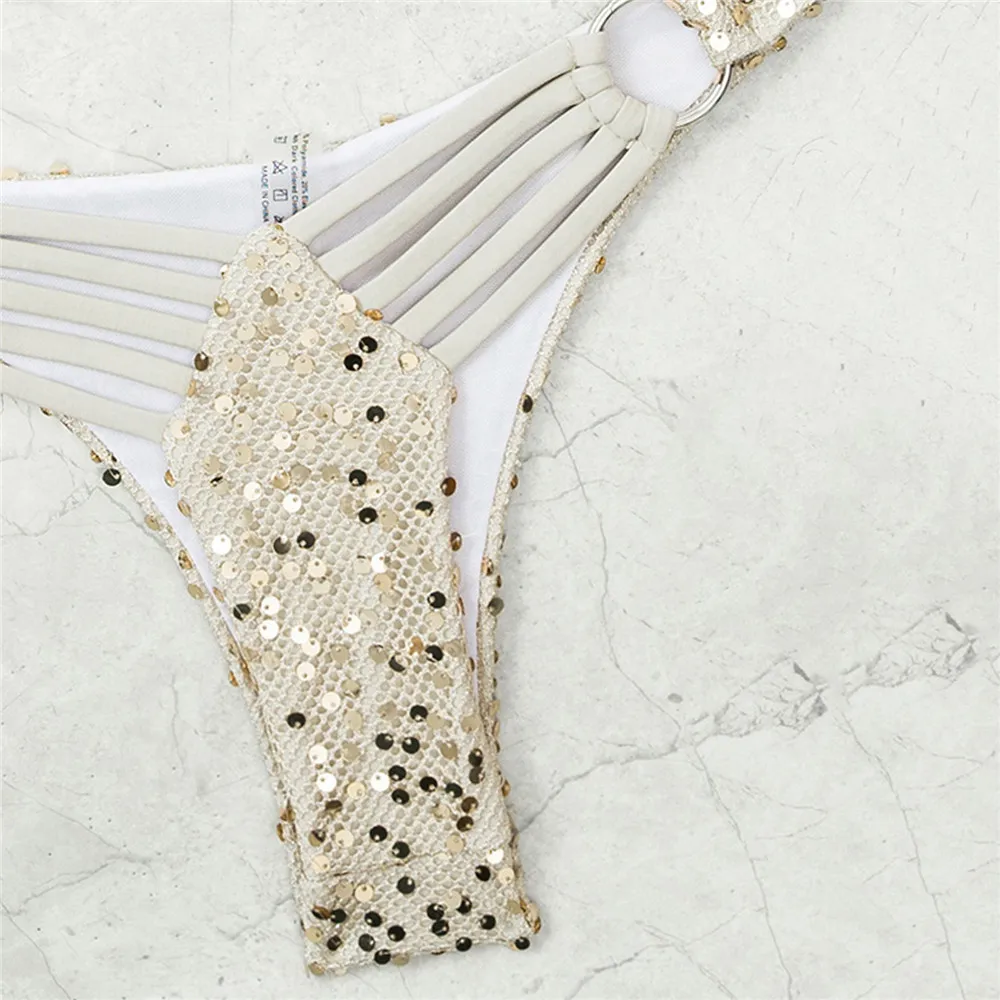 2026年 スパンコール シェル水着 ストリング ホルター セクシー マイクロビキニ ショーツセット 水着 レディース メタルリング 水着 ビキニ デ ムヘール