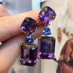 Luxury Square Purple Cubic Zirconia Crystal Earrings  for Women New FashionExquisite Fashion Gold Color Dangle  Wedding Jewelry