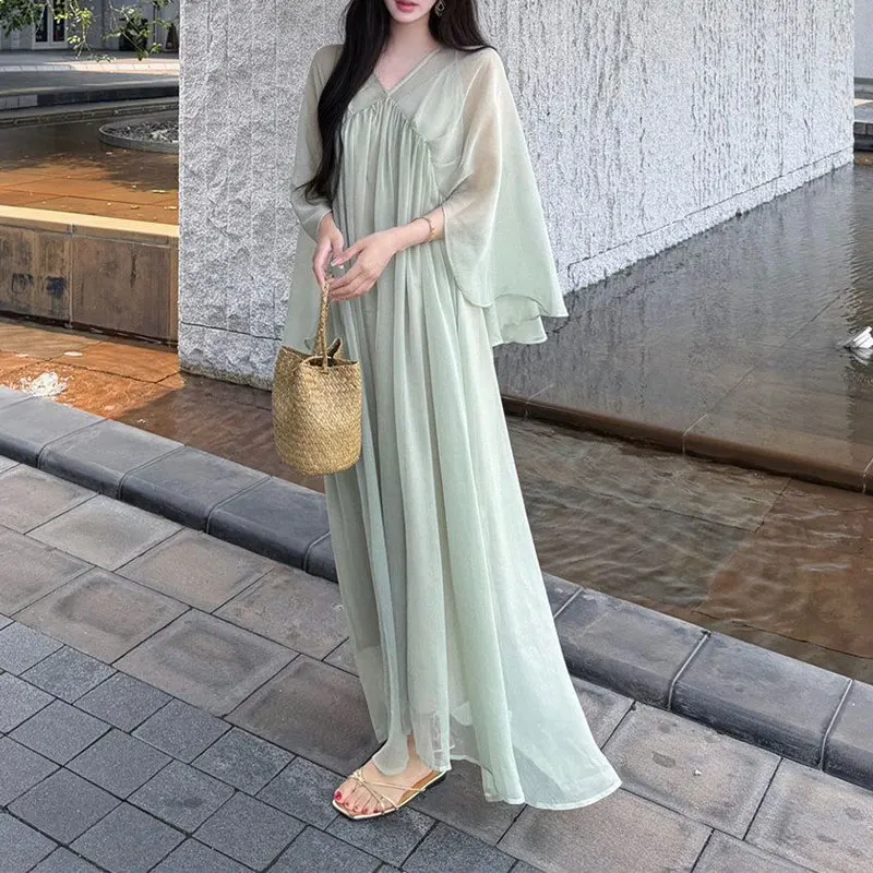 

Women Light Green Sheer Chiffon Maxi Dress V Neck Batwing Flare Sleeve Empire Waist Loose Flowy Vacation Fairy Long Slip Dress