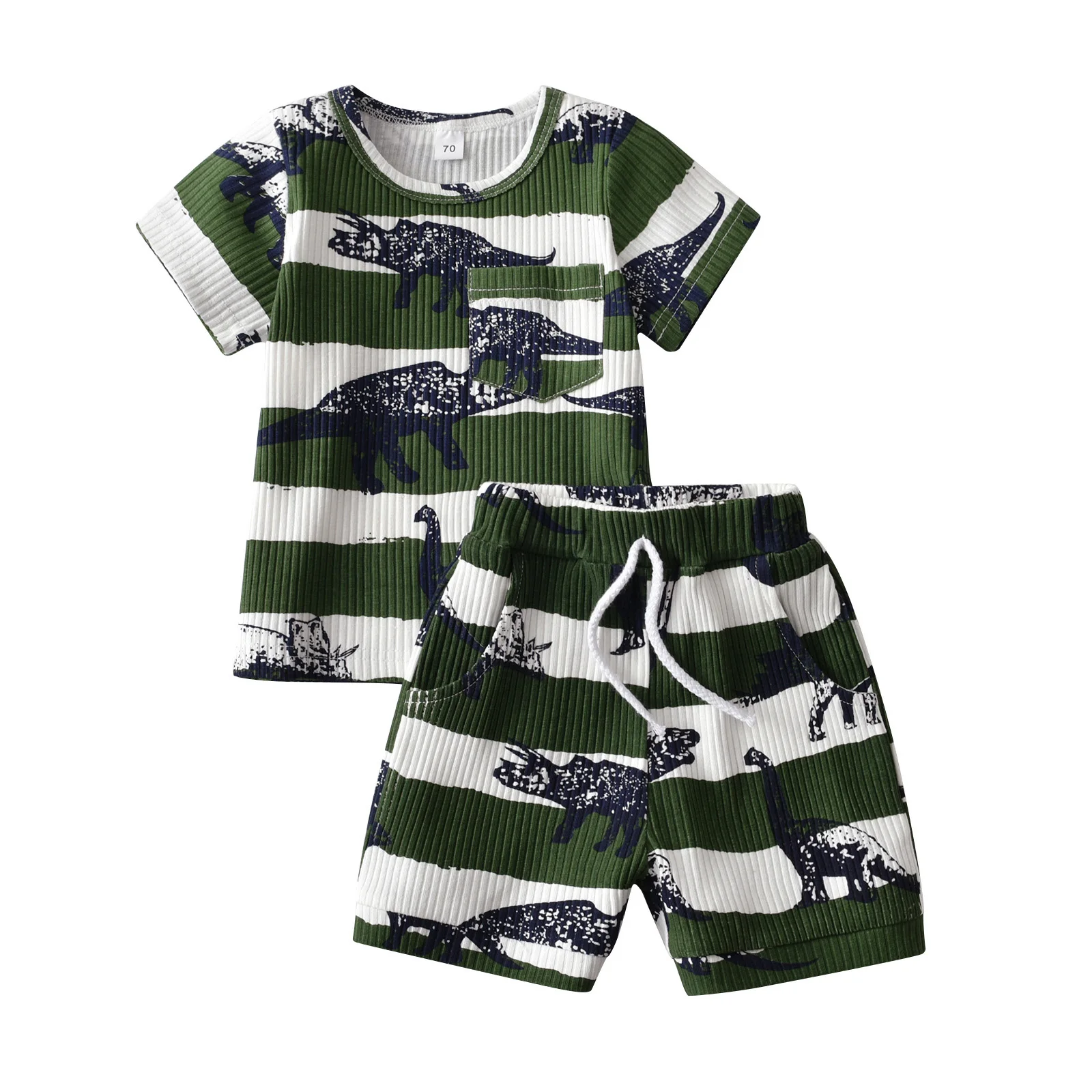 1 2 3 4 Years Summer Kids Boy Knitted Clothes Set Dinosaur Printed Short Sleeve T-shirt Top + Shorts Cute Toddler Outfit for Boy