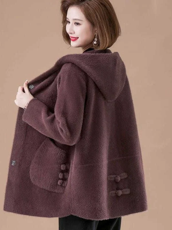 

plus Size Faionable Woolen Coat for Middle-Aged Women with Hood High Waist Warm Thiened Autumn Winter Outerwear