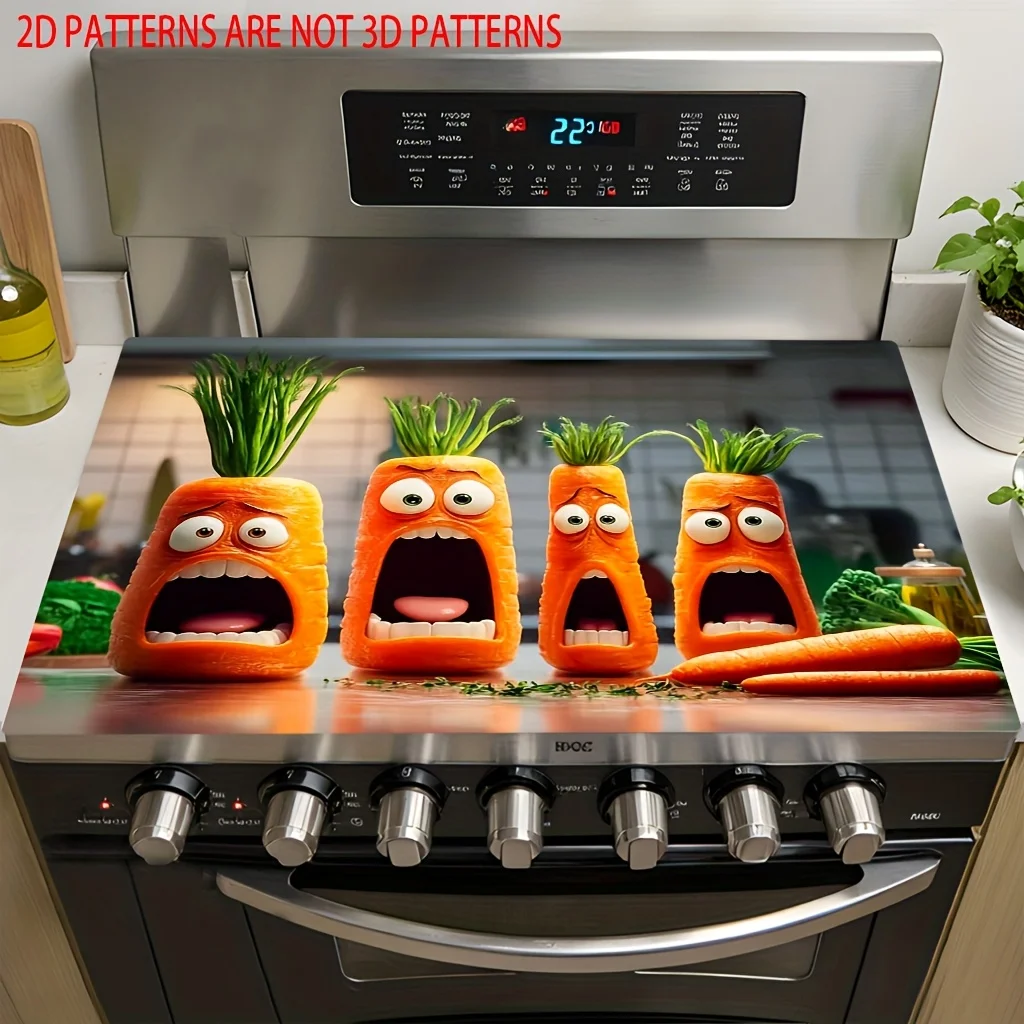 Cute Cartoon Carrots Stove Top Cover,Non-Slip Heat Resistant Burner Cover,Playful Vegetable Kitchen Mat for Electric & Gas Stove