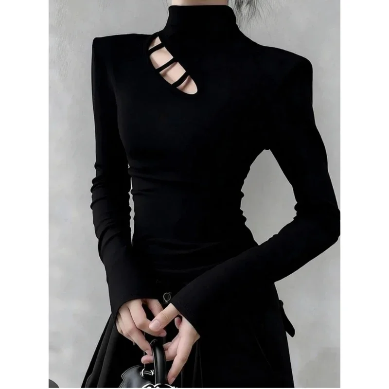 High Street Slim Hollow Out Pullovers Top Women Clothing Long Sleeve Solid All-match Sexy T Shirts Fashion Trend Spring Autumn