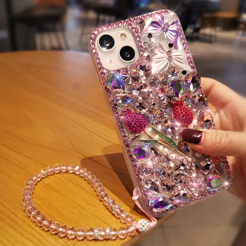 Coque de téléphone de luxe en diamant scintillant + étui Rose Gir en strass transparent pour iPhone 16 11 14 Pro Max12 13 Pro Max 15