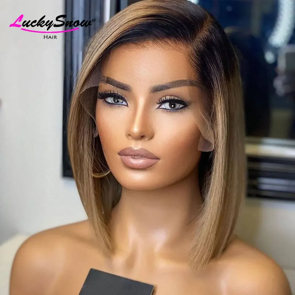 

Ombre 1B Brown Straight Short Bob Transparent 13x4 Lace Frontal Wigs Brazilian Colored Human Hair Wig Pre Plucked For Women