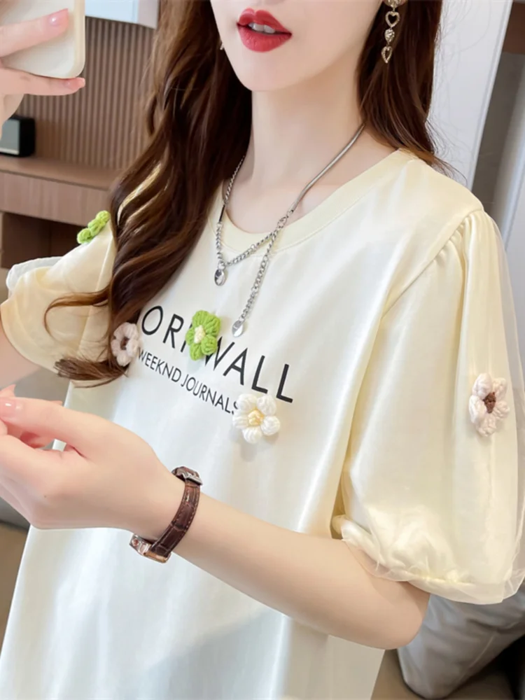 Summer Fashion Mesh Short Sleeve T-shirt Solid Color Printed Alphabet Sweet Flower Bubble Sleeve Cute Comfortable Round Neck Top