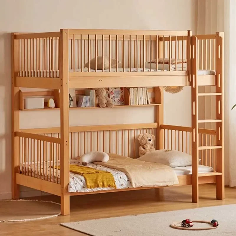 

Premium Nordic Kids Beds Solid Wood Bunk Upper Lower Modern Children Beds Raised Guardrails Girl Safe Home Furniture