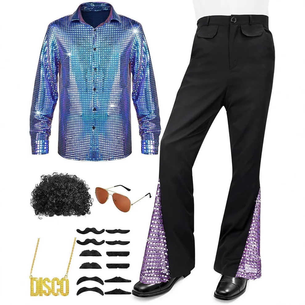 

Костюм для дискотеки в стиле 70-х для мужчин: брюки-клеш, рубашка, парик, ожерелье, усы, солнцезащитные очки, наряд для вечеринки